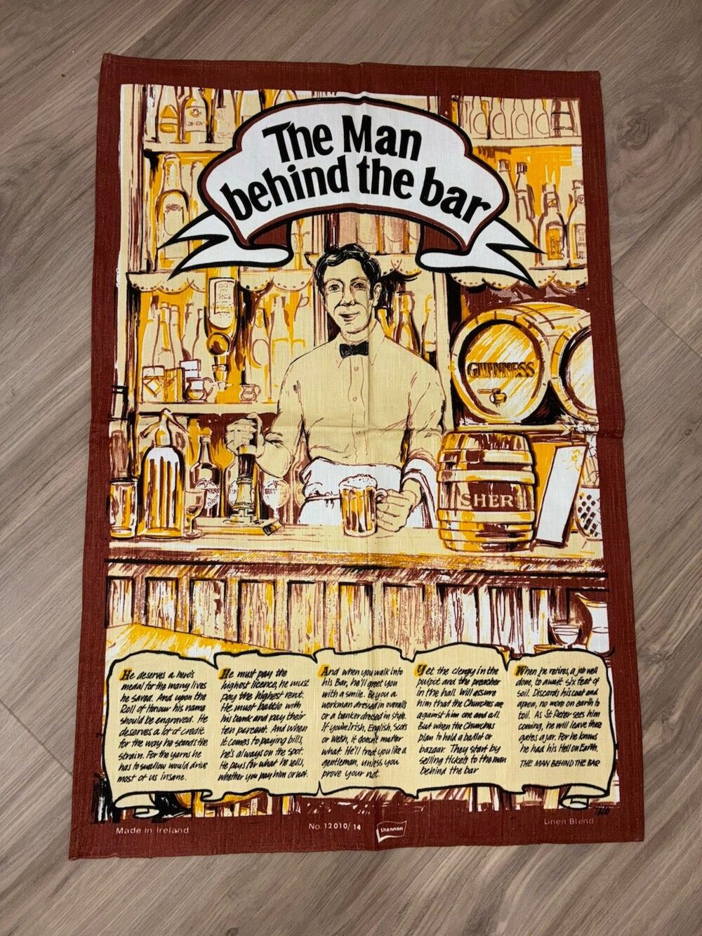 Vintage Pure Irish Linen Towel Wall Hanging “The Man Behind The Bar” Pub 19"x28"